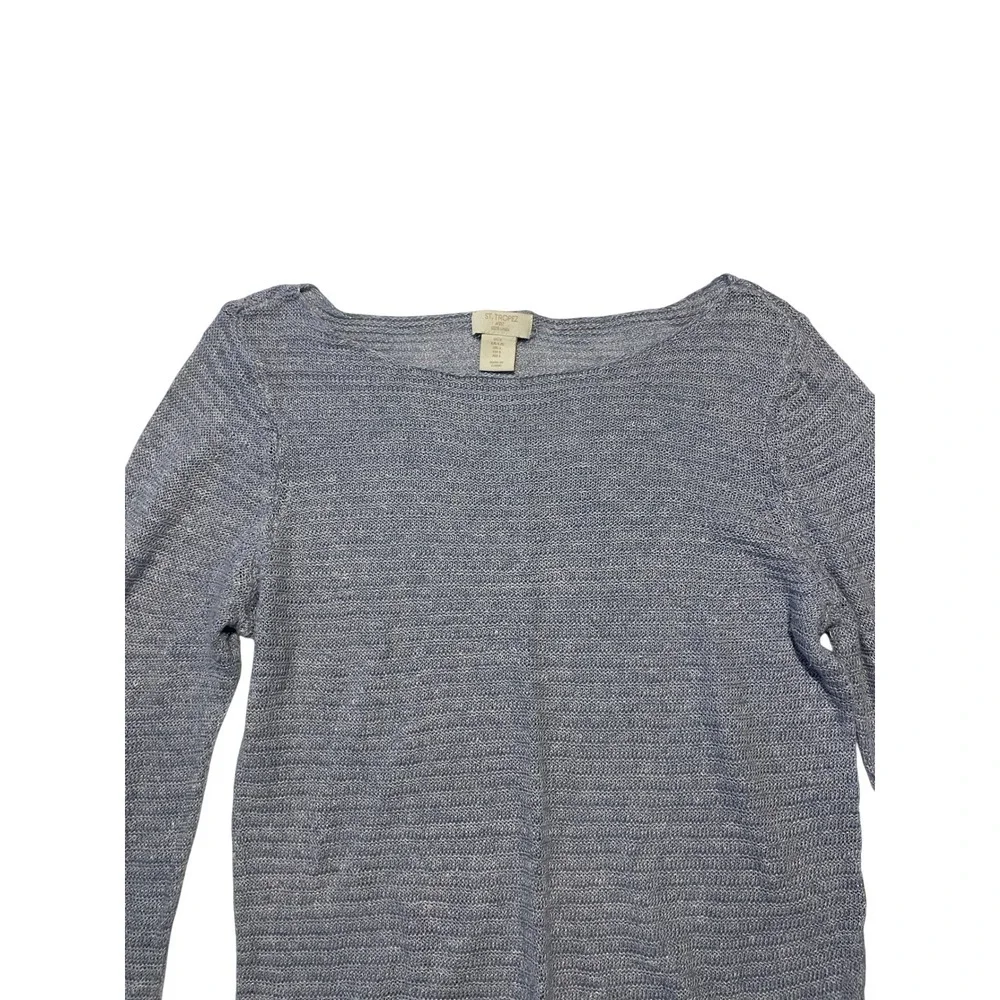 St. Tropez West Blue 100% Linen Boat Neck Long Sleeve Knit Sweater Womens Large